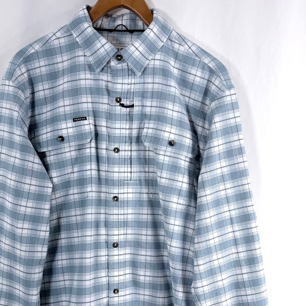 Poncho Outdoors Shirt Blue White Plaid Slim Fit Magnetic Pockets Mens XL